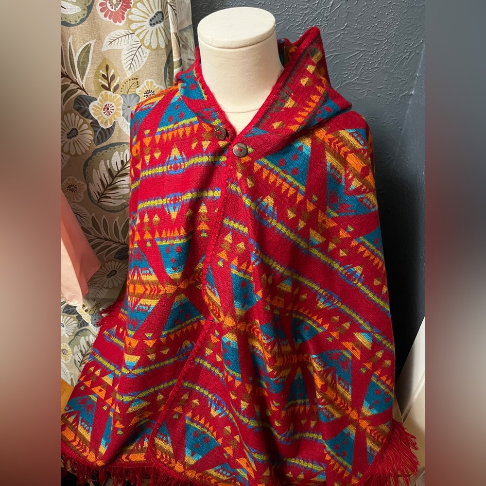 Vibrant Red Hooded Poncho OS